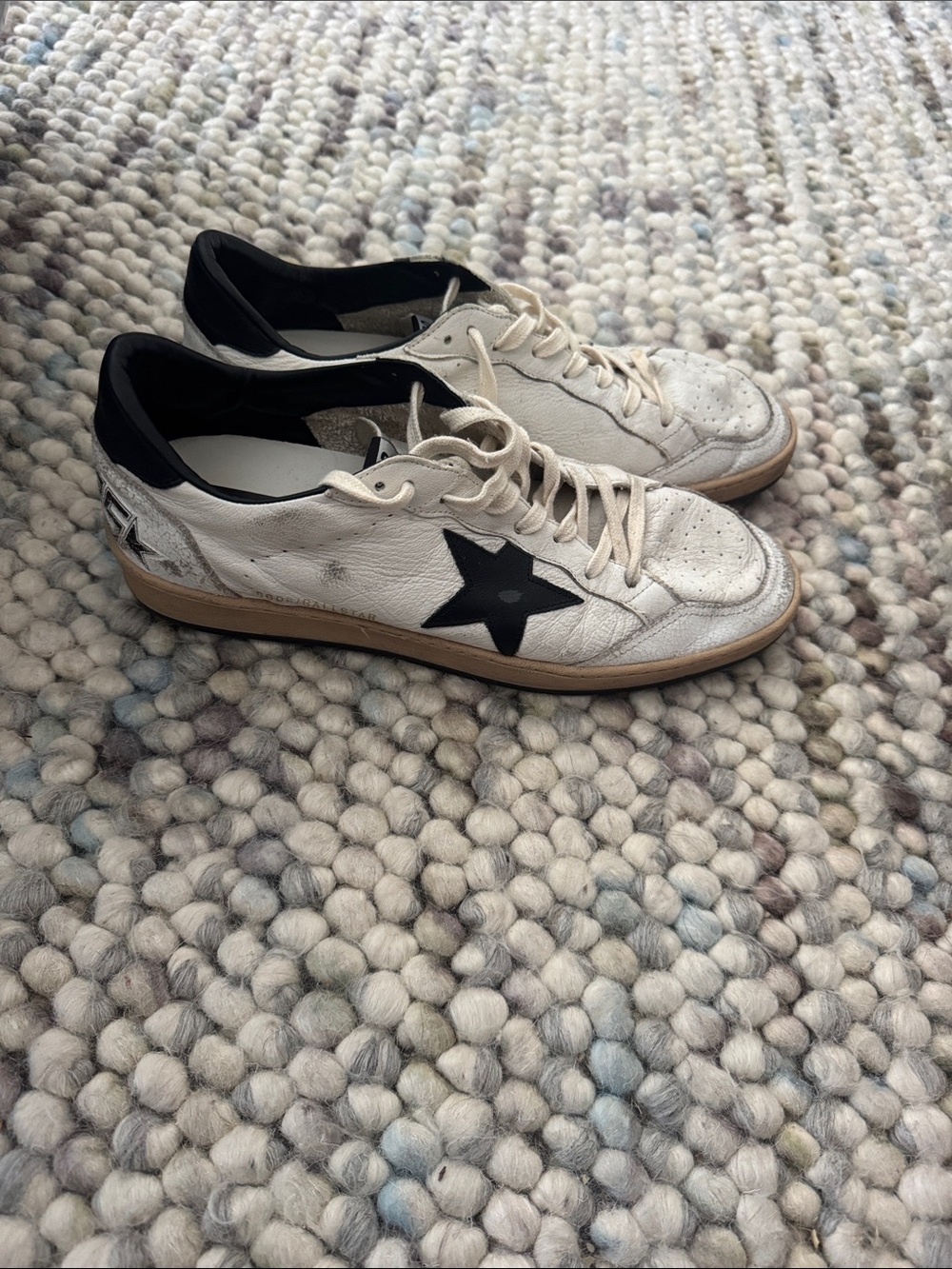 Golden Goose White Leather Sneakers with Black Star and Tan Sole